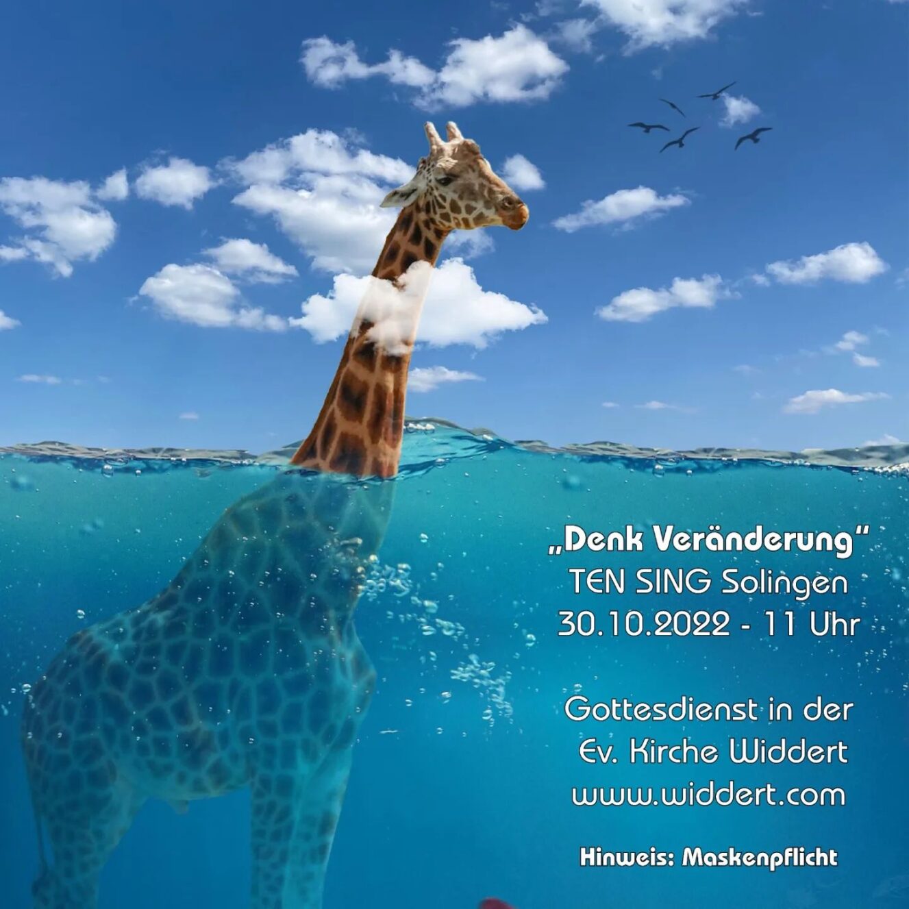 BILD: Eine Giraffe steht bis zum Hals im Wasser TEXT: "Denk Veränderung" TEN SING Solingen 30.10.2022 11 Uhr Gottesdienst in der Ev. Kirche Widdert www.widdert.com Hinwris: Maskenpflicht