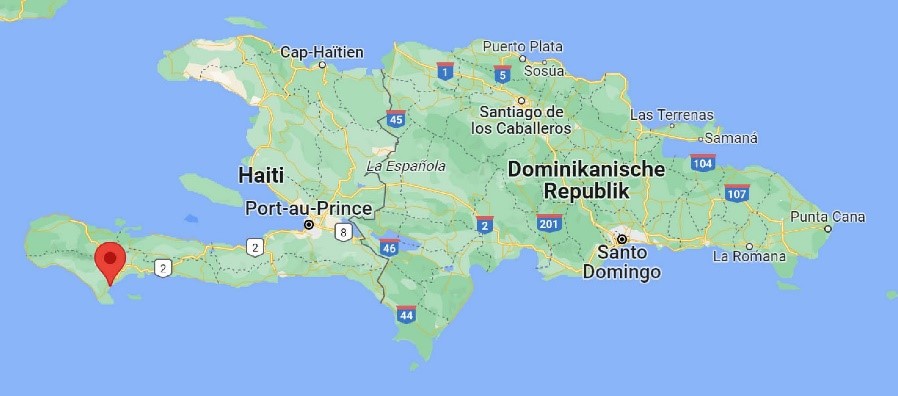 Landkarte Haiti / Dominikanische Republik mit Markierung Torbeck im Süd-Westen